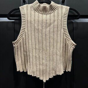 Beige Mock Neck Sleeveless Sweater Vest with Pointed Hem